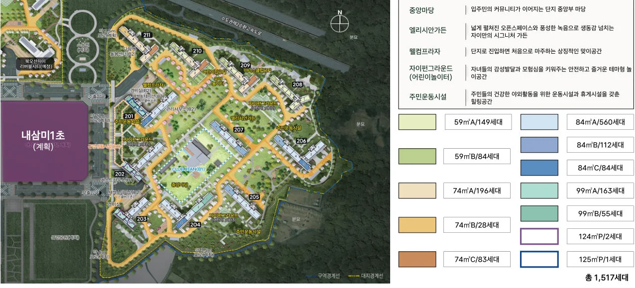 오산 내삼미동 북오산자이 드포레 타입별 동 배치와 세대수 범례